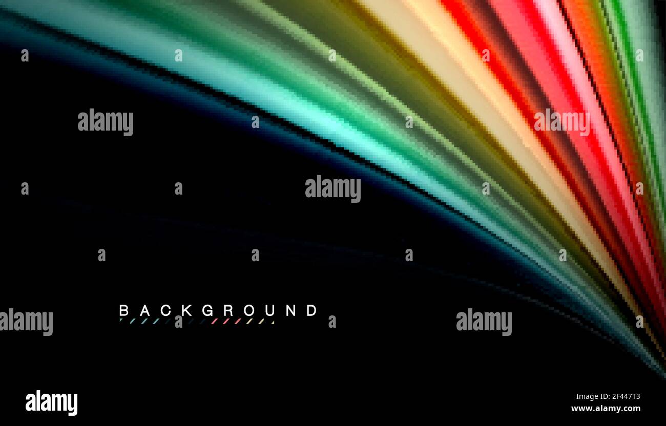 Colori di miscelazione fluidi, sfondo astratto dell'onda vettoriale. Linee astratte dell'onda strisce di colore fluide in stile arcobaleno su sfondo nero. Illustrazione artistica vettoriale per presentazione, sfondo dell'applicazione, banner o poster Illustrazione Vettoriale