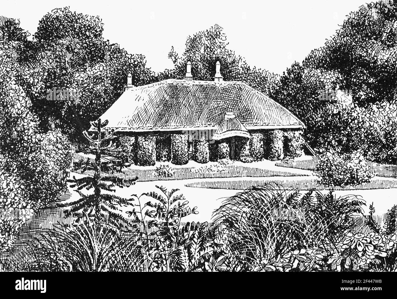 Un disegno del 19 ° secolo di un cottage di Keeper con tetto di paglia, nel Killarney National Park, County Kerry, Irlanda. Foto Stock