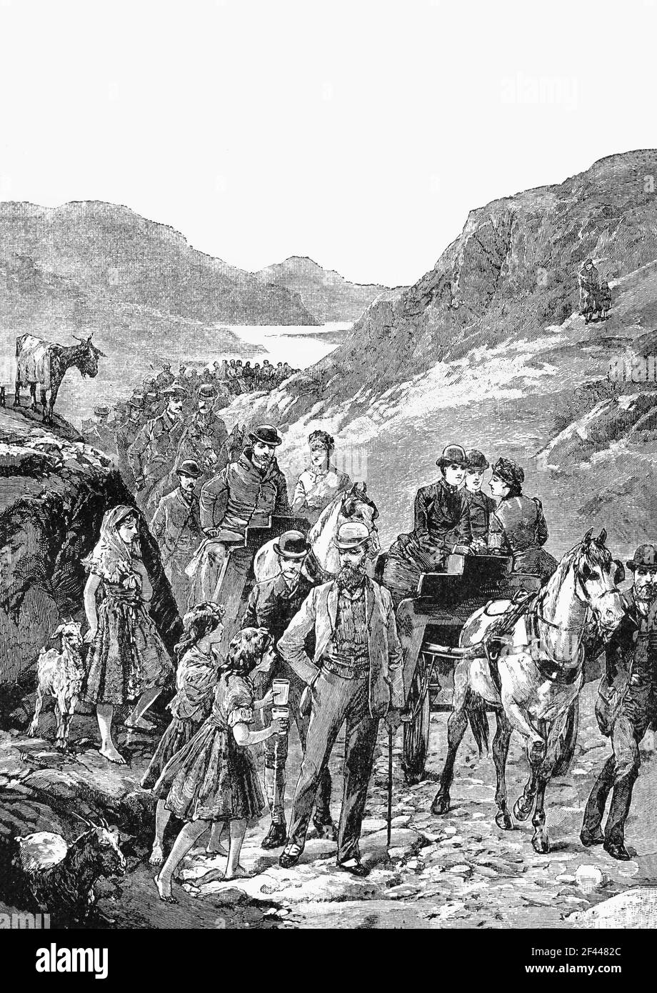 Un'illustrazione del XIX secolo della visita della famiglia reale britannica nel 1861 al Gap of Dunloe, Killarney, County Kerry, Irlanda, che ha messo Killarney sulla mappa come destinazione turistica e da allora non ha mai guardato indietro. Foto Stock