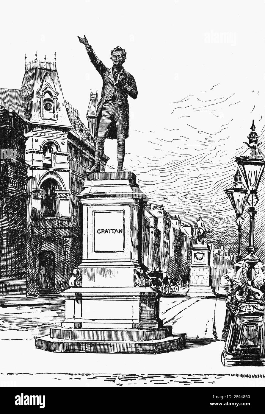 Illustrazione del 19 ° secolo della statua di Henry Grattan in College Green di fronte Trinity College, Dublino, creato da John Henry Foley nel 1876. Grattan (1746-1820) era un politico e un avvocato irlandese che si batté per la libertà legislativa per il Parlamento irlandese alla fine del XVIII secolo dalla Gran Bretagna. Foto Stock