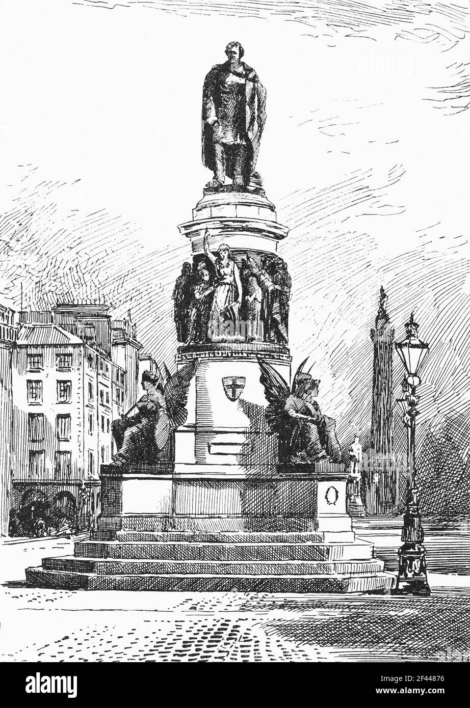 Illustrazione ottocentesca della statua commissionata nel 1880 per commemorare Daniel o’Connell (1775-1847) dopo il quale o’Connell Street fu ribattezzata dopo l’indipendenza irlandese. O’Connell è nato a Kerry e ha creduto nell’impiegare tattiche pacifiche per raggiungere il cambiamento. Combatté per l'emancipazione cattolica all'interno del sistema parlamentare britannico e per l'abrogazione dell'atto dell'Unione. Il monumento è stato scolpito da John Henry Foley, che è stato il principale scultore del giorno che la statua di chi presenta o'Connell e una sezione trasversale di persone da tutti i livelli della società irlandese. Foto Stock