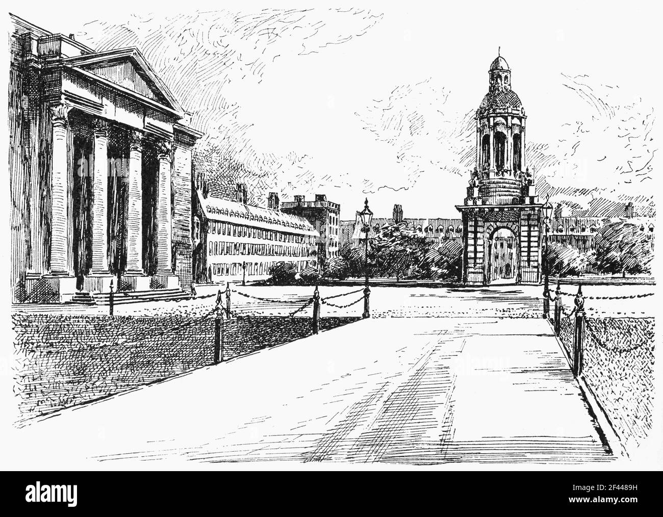 Illustrazione del Trinity College del XIX secolo, fu fondata nel 1592 dalla regina Elisabetta i come "madre di un'università" e modellata sulle università collegiate di Oxford e Cambridge. Il disegno di Piazza del Parlamento mostra il Campanile e la Cappella a sinistra. Foto Stock