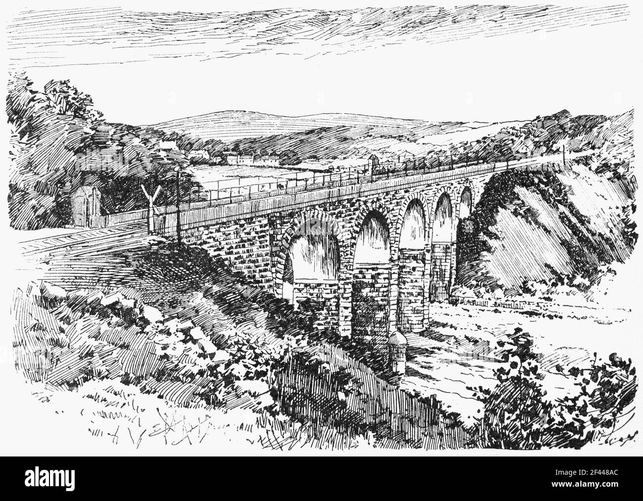 Illustrazione del 19 ° secolo di Corballis Railway Viaduct, Rathdrum, Contea di Wicklow, Irlanda. Un ponte ferroviario di dimensioni eleganti che attraversa Avonmore Rive è di importanza ingegneristica civile. Il ponte è importante anche per il suo ruolo nell'introduzione della linea ferroviaria Dublino e Sud-Est attraverso la contea di Wicklow. Foto Stock
