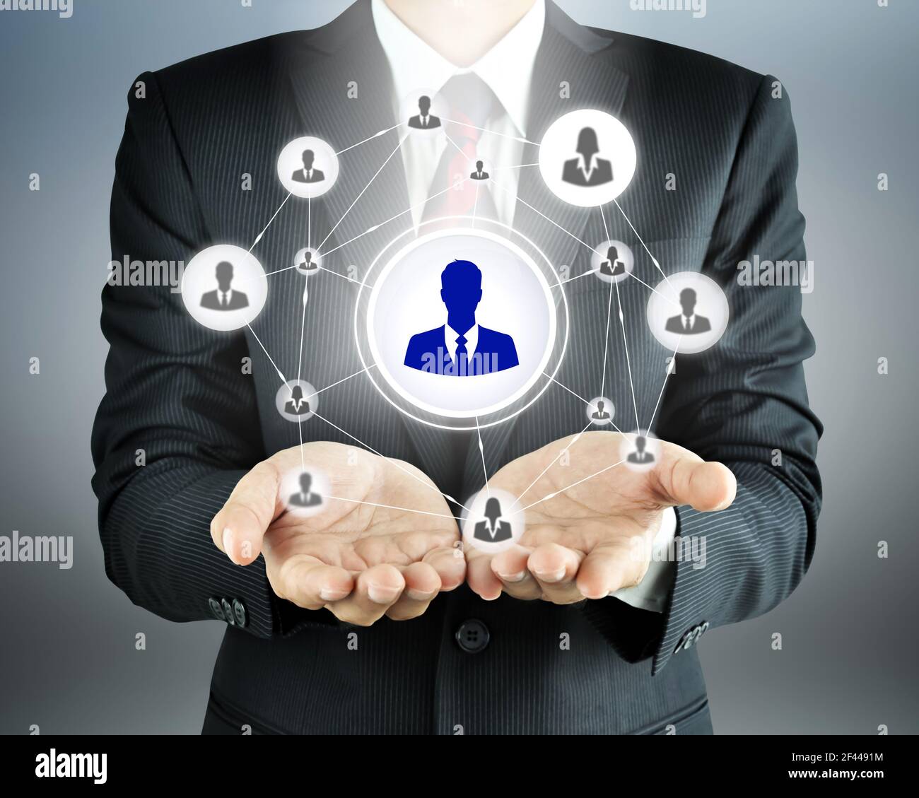 La rete di icone di uomini d'affari che trasportano le mani - HR, HRM, MLM, lavoro di squadra & concetto di leadership Foto Stock