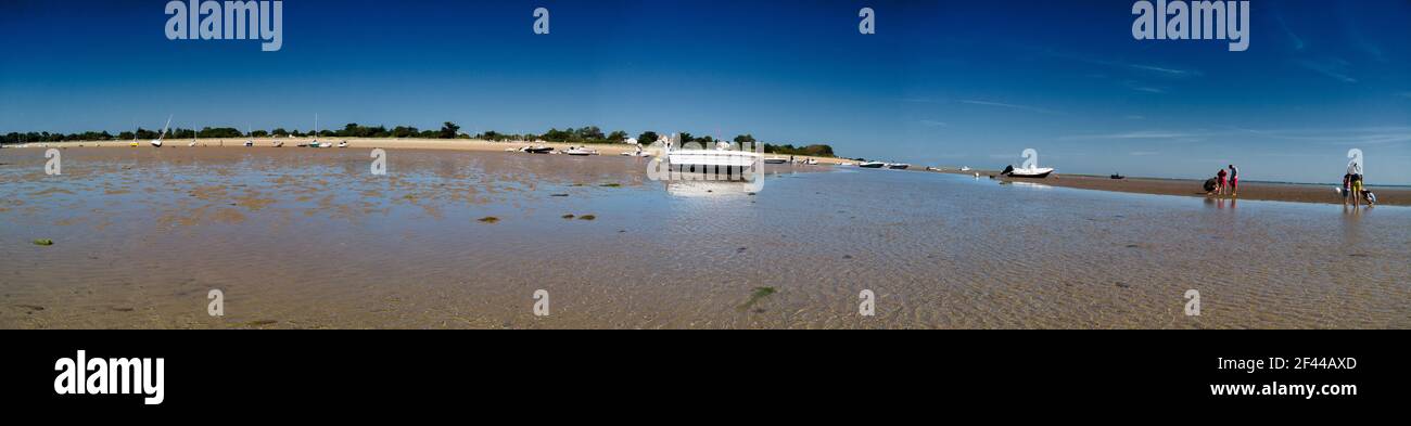 Panorama di persone alla ricerca di crostacei a bassa marea a Les Portes-en-Ré sull'isola di ile de re in Francia e alcune barche che si stende sulla sabbia. Foto Stock