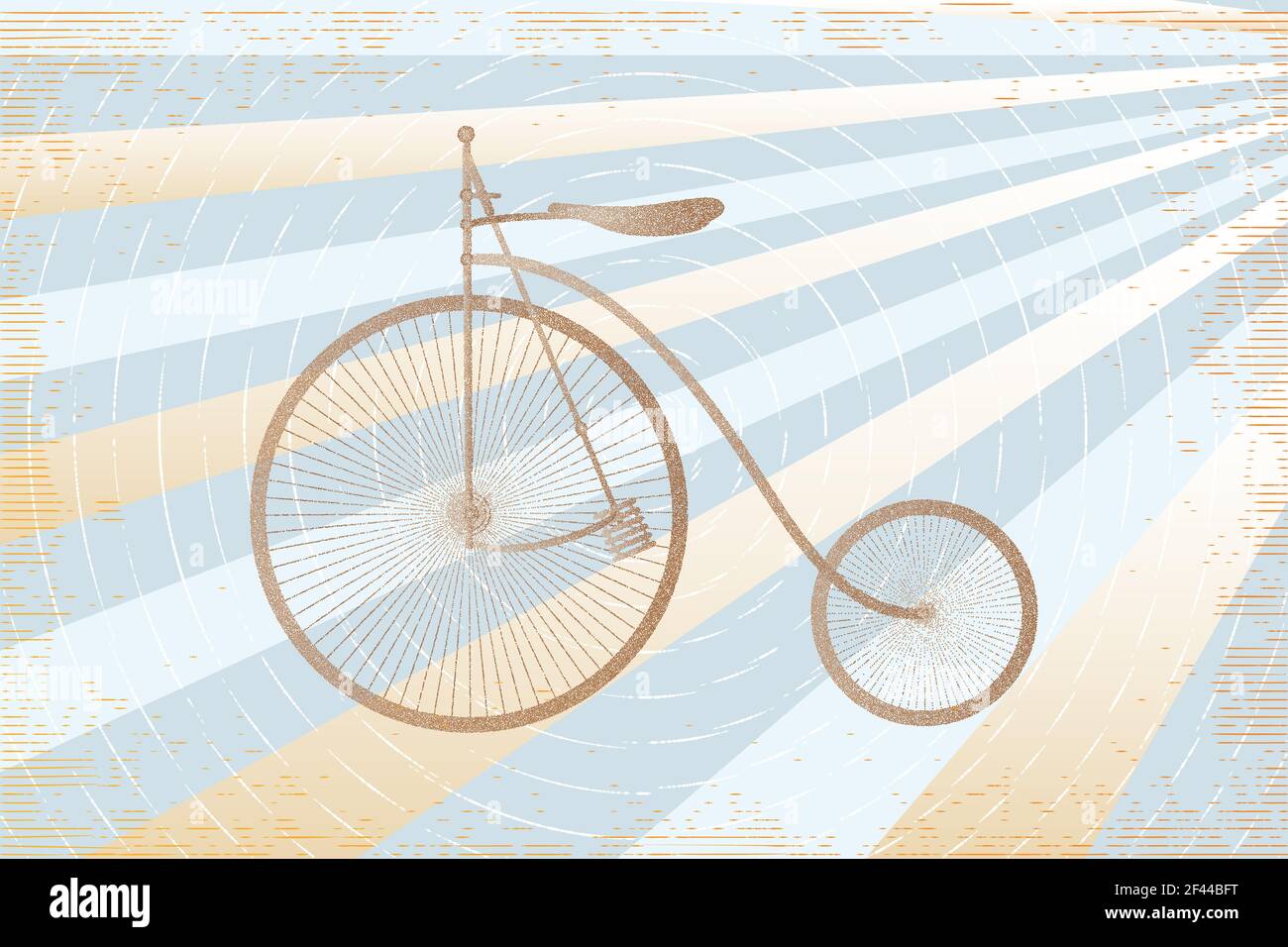illustrazione della bicicletta marrone in stile retrò su sfondo a strisce realizzato in colori e linee blu chiaro e giallo chiaro e cerchi davanti a. Foto Stock