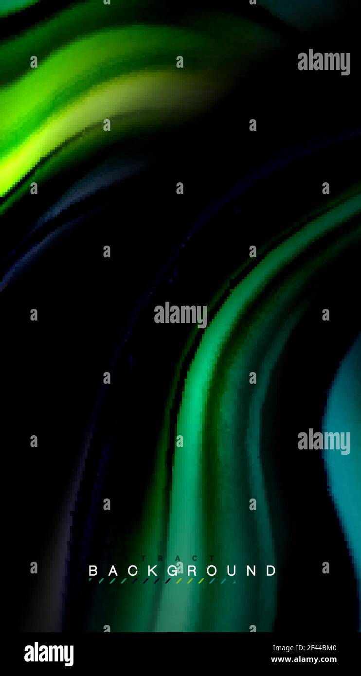 Colori di miscelazione fluidi, sfondo astratto dell'onda vettoriale. Linee astratte dell'onda strisce di colore fluide in stile arcobaleno su sfondo nero. Illustrazione artistica vettoriale per presentazione, sfondo dell'applicazione, banner o poster Illustrazione Vettoriale