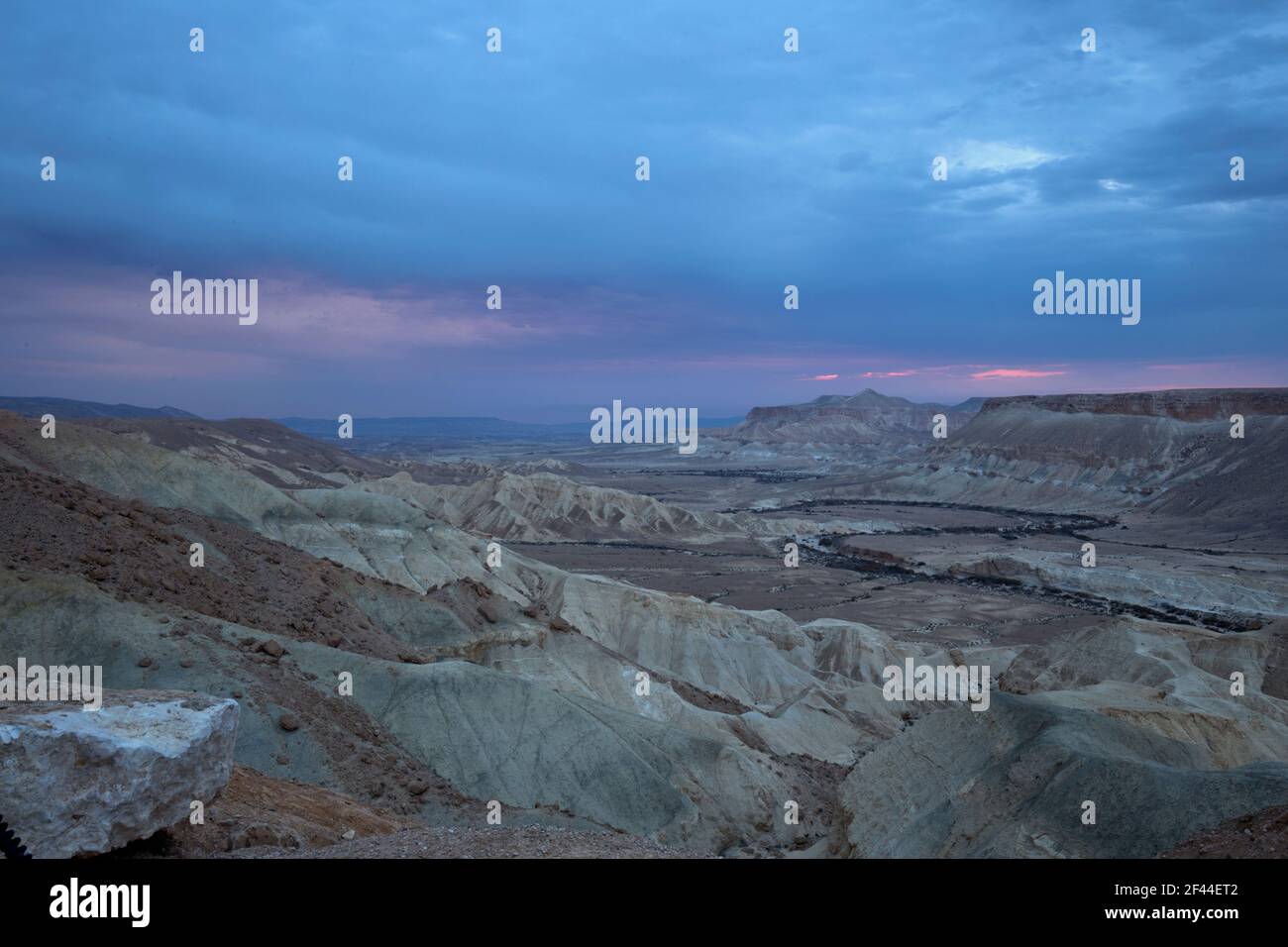 Guardando verso Ein Ovdat e la valle di Wadi Zin, il deserto di Negev, Israele al tramonto Foto Stock