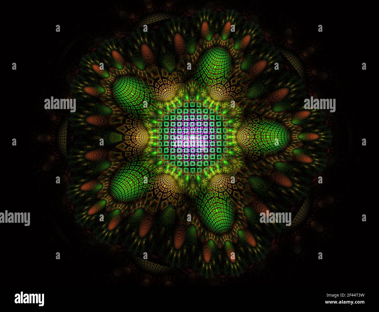 Stella floreale a strati. Tessuto tessuto - elemento di sfondo astratto frattale. Strati colorati e luminosi che accentuano il design centrale a forma di stella. Grafico Foto Stock