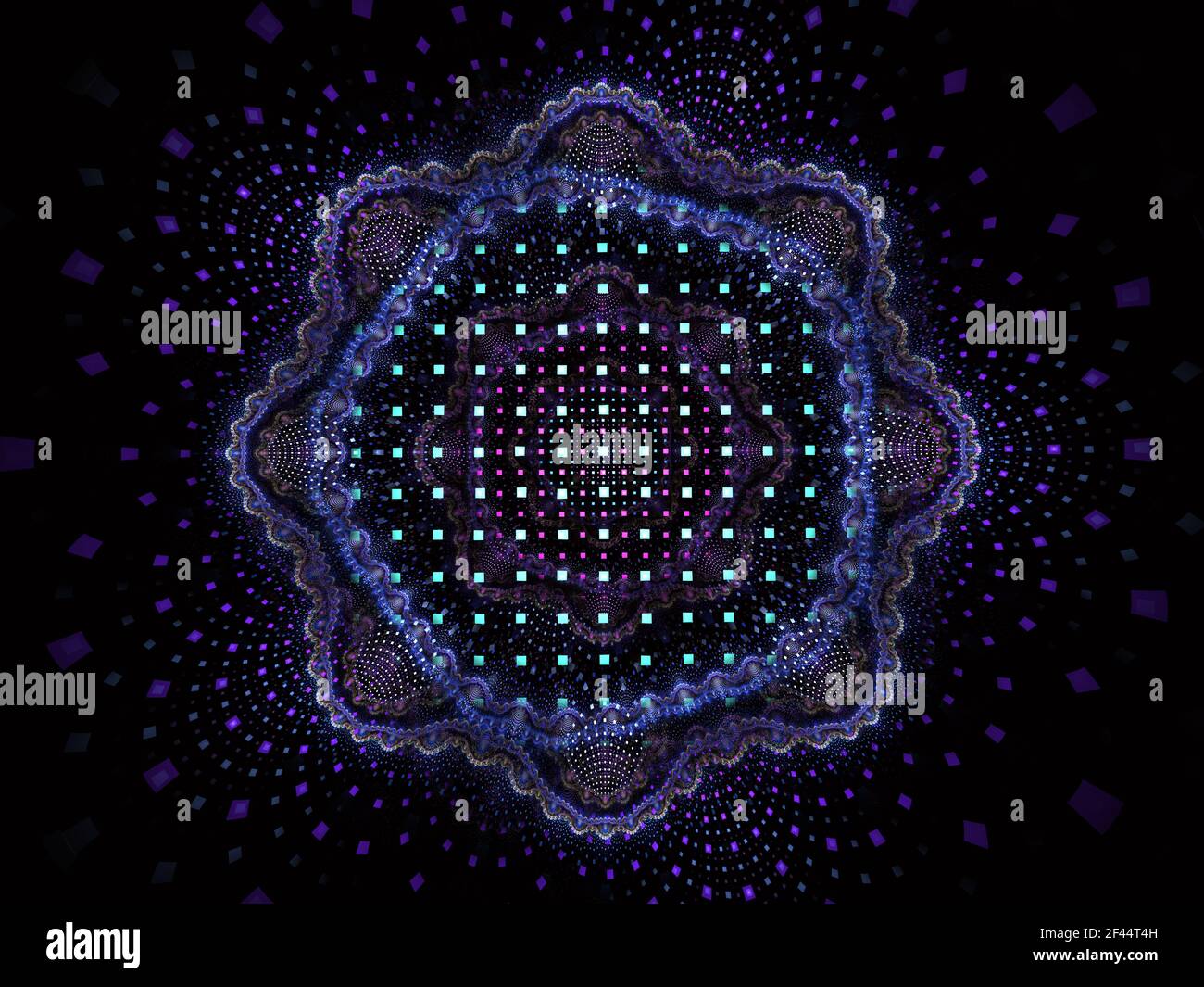 Stella floreale a strati. Tessuto tessuto - elemento di sfondo astratto frattale. Strati colorati e luminosi che accentuano il design centrale a forma di stella. Grafico Foto Stock