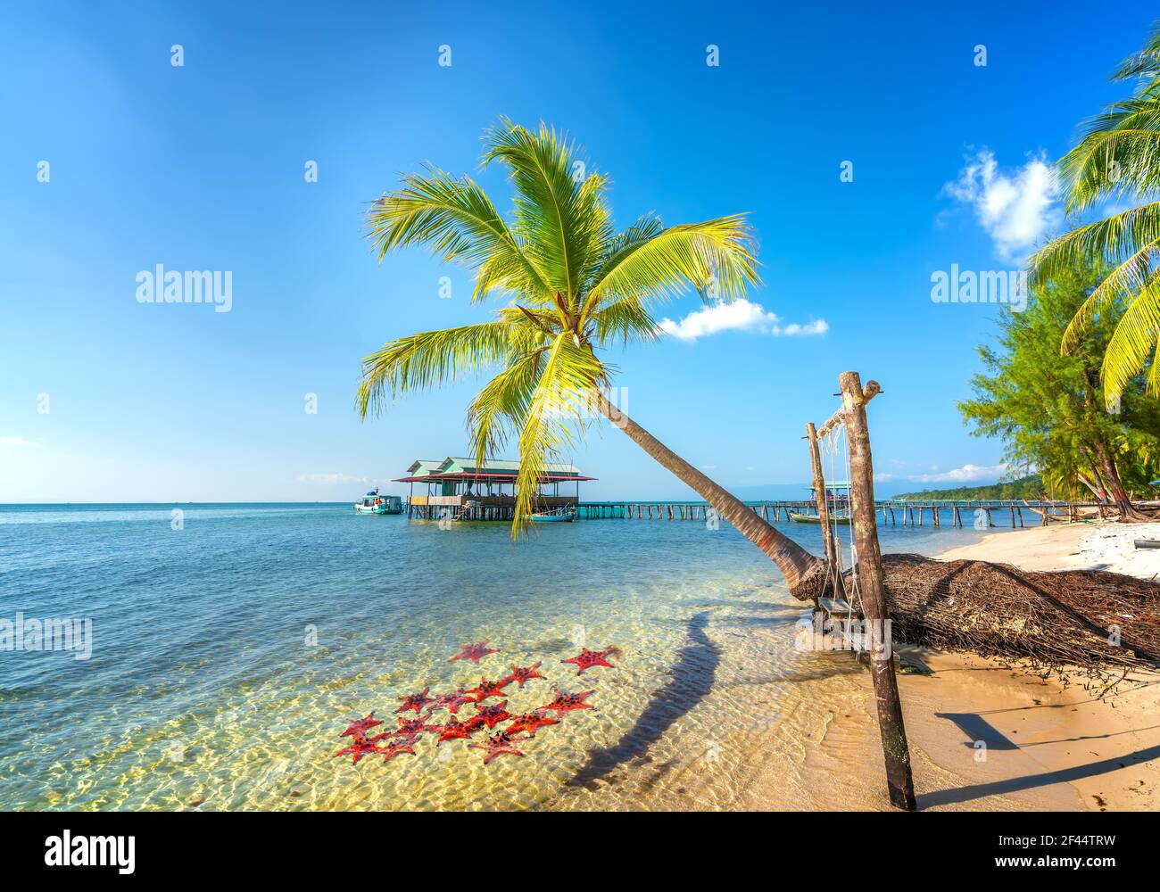 Seascape con palme tropicali sulla bellissima spiaggia di sabbia nell'isola di Phu Quoc, Vietnam. Si tratta di una delle migliori spiagge del Vietnam. Foto Stock