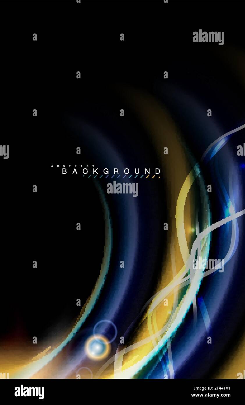 Colore effetti luminosi luminosi sulla forma ondulata multicolore in stile liquido nero. Colore effetti luminosi luminosi sulla forma ondulata multicolore in stile liquido nero. Illustrazione artistica per presentazione, sfondo dell'applicazione, banner o poster, design geometrico Illustrazione Vettoriale