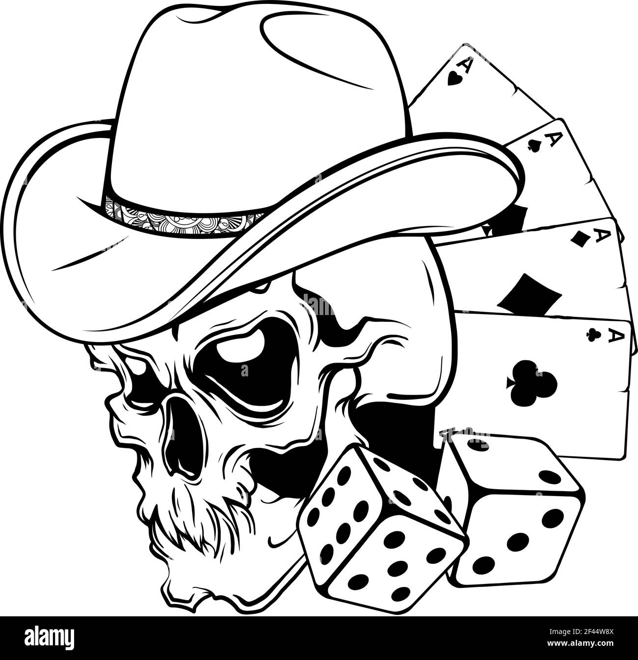 pesca in bianco e nero del cranio di cowboy con il poker ace e dadi Illustrazione Vettoriale
