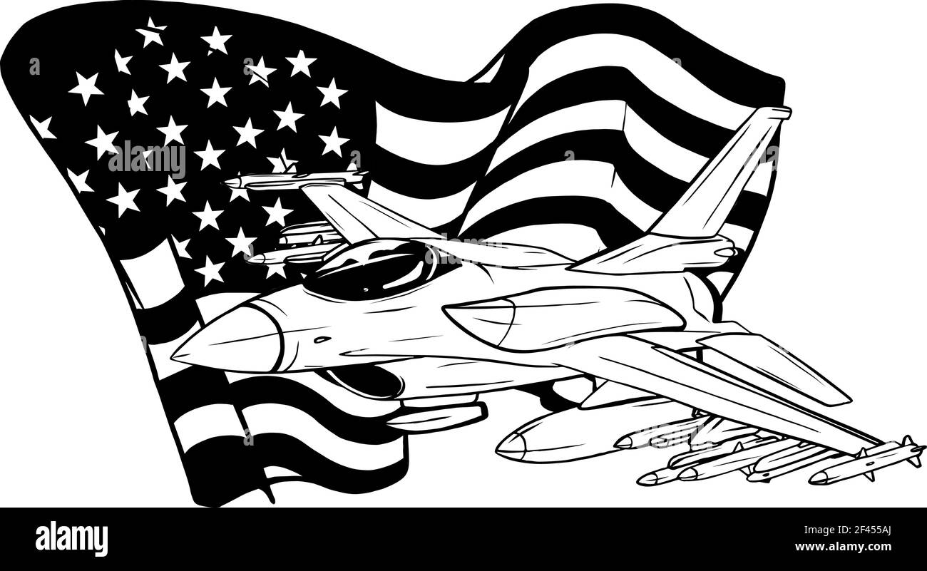 Pesca in bianco e nero di aerei da combattimento militari con bandiera americana. Illustrazione vettoriale Illustrazione Vettoriale