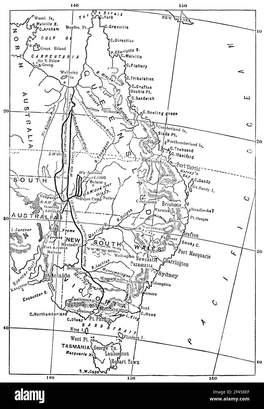 Mappa della spedizione Burke and Wills, Australia, 1860 Foto Stock