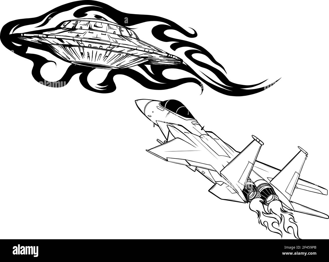 Disegna in bianco e nero lo spazio di Battle star da un ufo e aereo Illustrazione Vettoriale