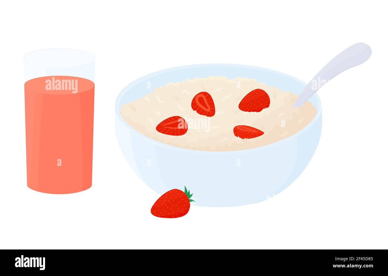 Ciotola per la colazione con farinata d'avena e fragole. Tazza di porridge di grano di avena con un bicchiere di frullati di frutti di bosco isolati su sfondo bianco. Illustrazione degli alimenti vettoriali Illustrazione Vettoriale