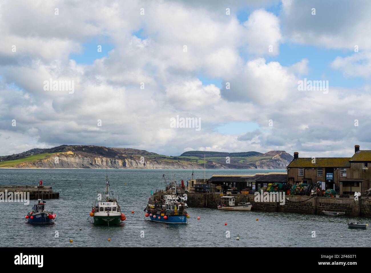 Lyme Regis, Dorset, Regno Unito. 19 marzo 2021. Regno Unito Meteo: Il famoso porto di Cobb in una giornata fredda e ventilata di sole e nuvole presso la località balneare di Lyme Regis. Credit: Celia McMahon/Alamy Live News Foto Stock