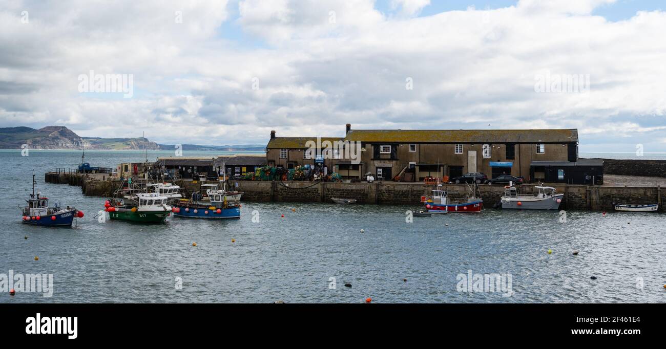 Lyme Regis, Dorset, Regno Unito. 19 marzo 2021. Regno Unito Meteo: Il Cobb presso la stazione balneare di Lyme Regis in una giornata di sole e nuvola insieme con una fresca brezza. Credit: Celia McMahon/Alamy Live News Foto Stock