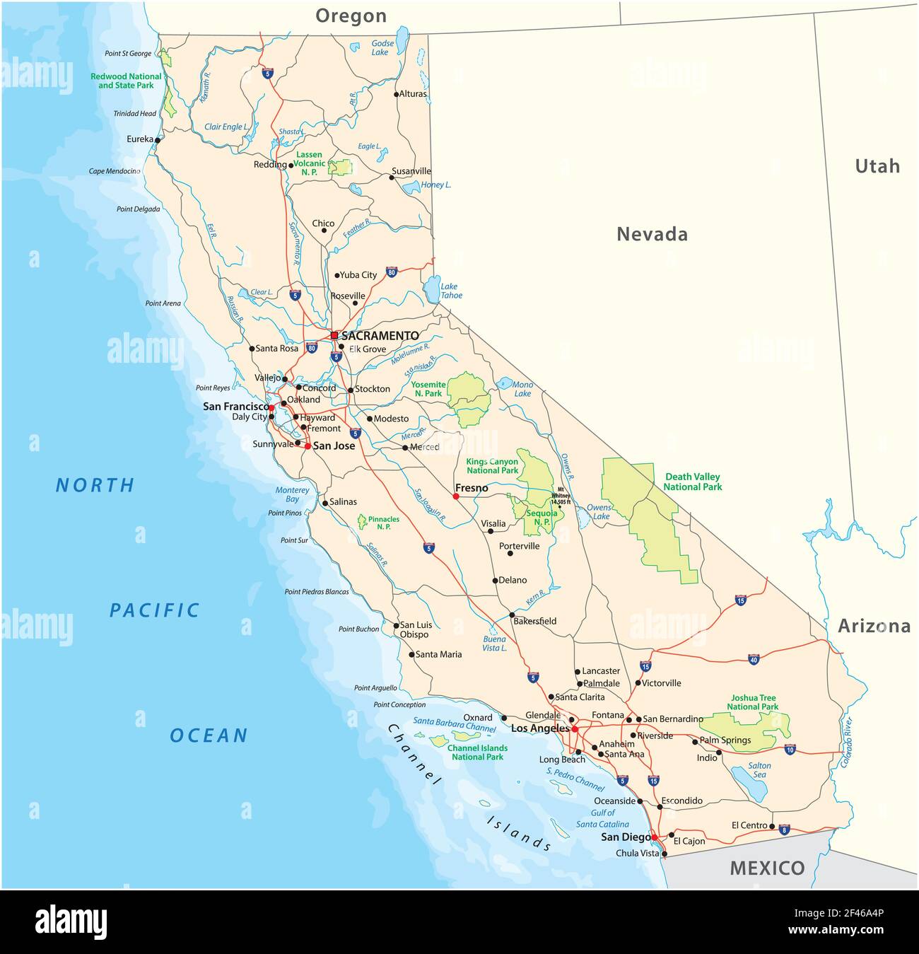 Strade e parco nazionale mappa vettoriale dello stato degli Stati Uniti Della California Illustrazione Vettoriale