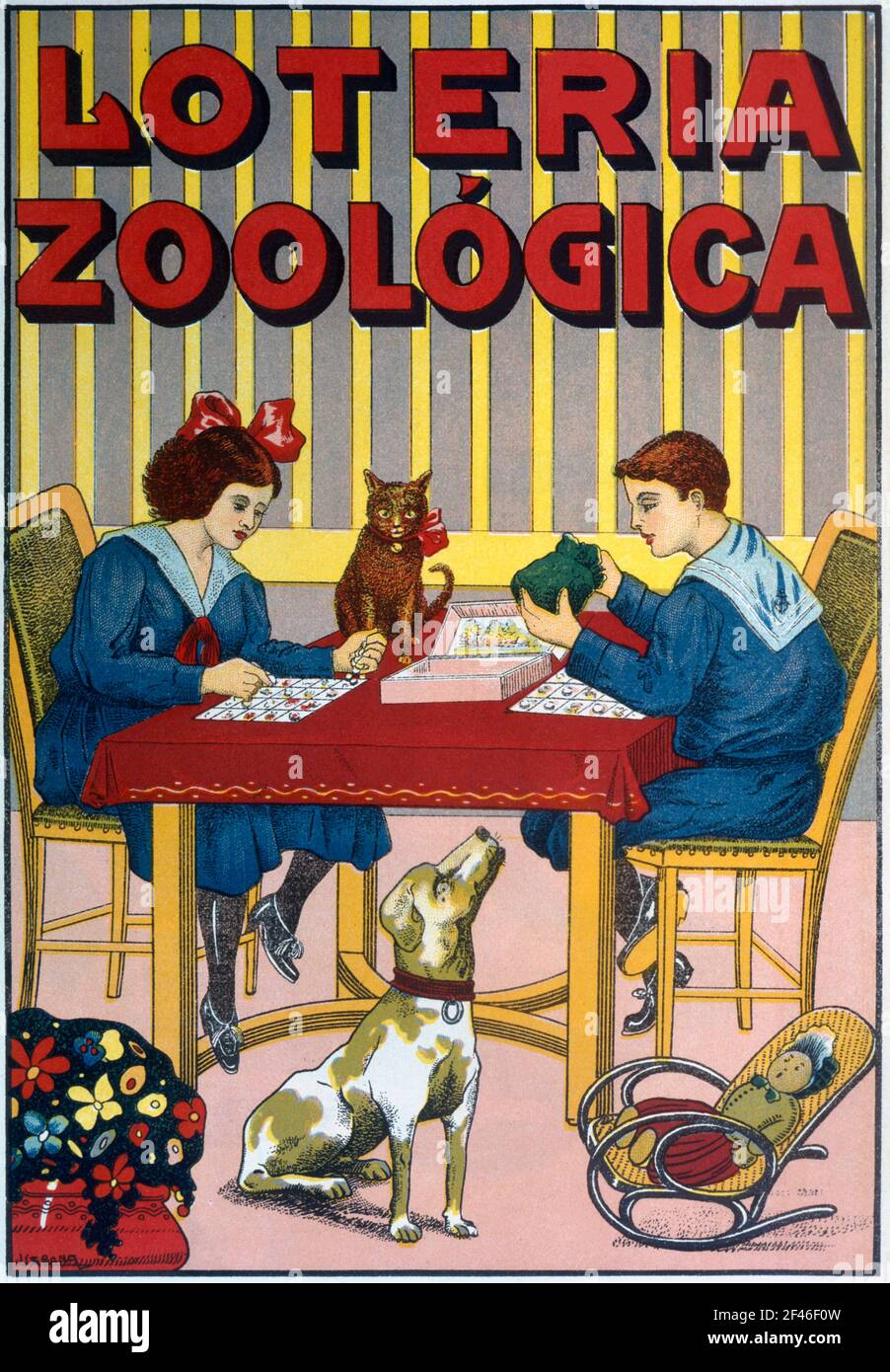 Juguetes de cartón y madera. Caja del juego lotería Zoológica, fabricado por Juguetes Borrás, de Mataró. Año 1914. Foto Stock