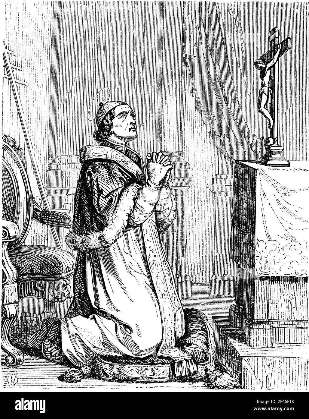 Antonio Michele Ghislieri, San Pío V (1504-1572), fraile dominico y comisario General de la Inquisición romana, papa de la iglesia Católica; dió soporte cristiano en la batalla de Lepanto en su lucha contra el imperio otomano. Grado de 1852. Foto Stock