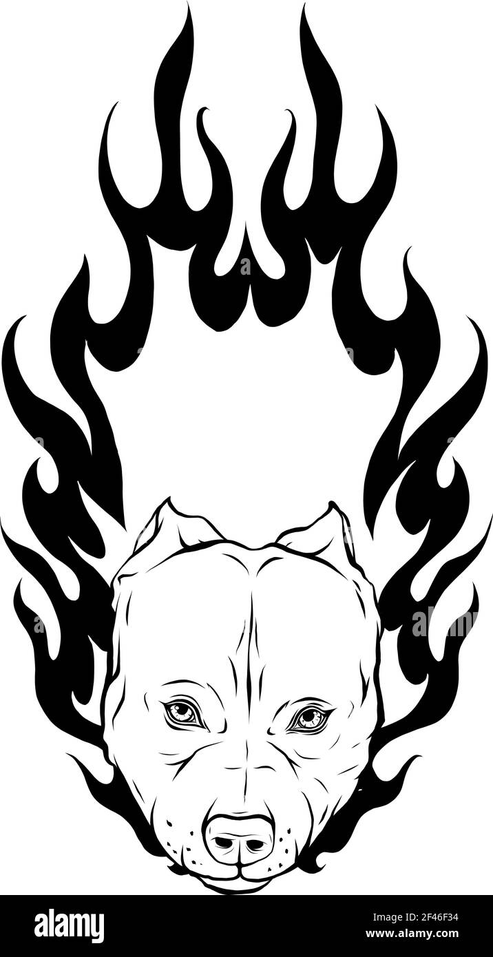 Disegnare in bianco e nero della testa di cane toro Con vettore di fiamma Illustrazione Vettoriale