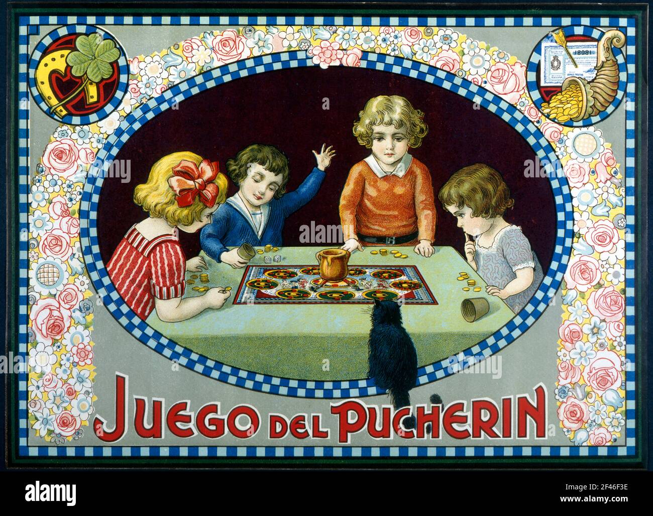 Juguetes de cartón y madera. Caja del juego del Pucherín, fabricado por Juguetes Borrás, de Mataró. Año 1926. Foto Stock