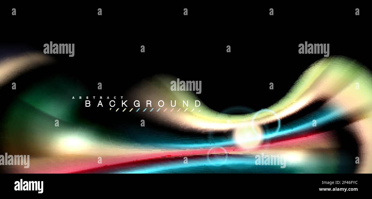 Colore effetti luminosi luminosi sulla forma ondulata multicolore in stile liquido nero. Colore effetti luminosi luminosi sulla forma ondulata multicolore in stile liquido nero. Illustrazione artistica per presentazione, sfondo dell'applicazione, banner o poster, design geometrico Illustrazione Vettoriale