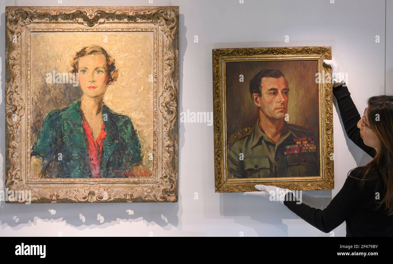 Sotheby’s, Londra, Regno Unito. 19 marzo 2021. La Collezione di Famiglia della tarda Contessa Mountbatten di Birmania, pronipote della Regina Vittoria, sarà offerta a Londra di Sotheby il 24 marzo e comprende gioielli, mobili, dipinti, sculture, libri, Argento, ceramica e oggetti d’Arte Immagine (a sinistra): Conte Uberto Pallastrelli di Celleri, Ritratto di Edwina, Contessa Mountbatten di Birmania (1901-1960), stima £500-700; (a destra): Dwight V. Stork, Ritratto del Signore Luigi, Conte Mountbatten di Birmania (1900-1979), stima £500-1,000. Credit: Malcolm Park/Alamy Live News. Foto Stock