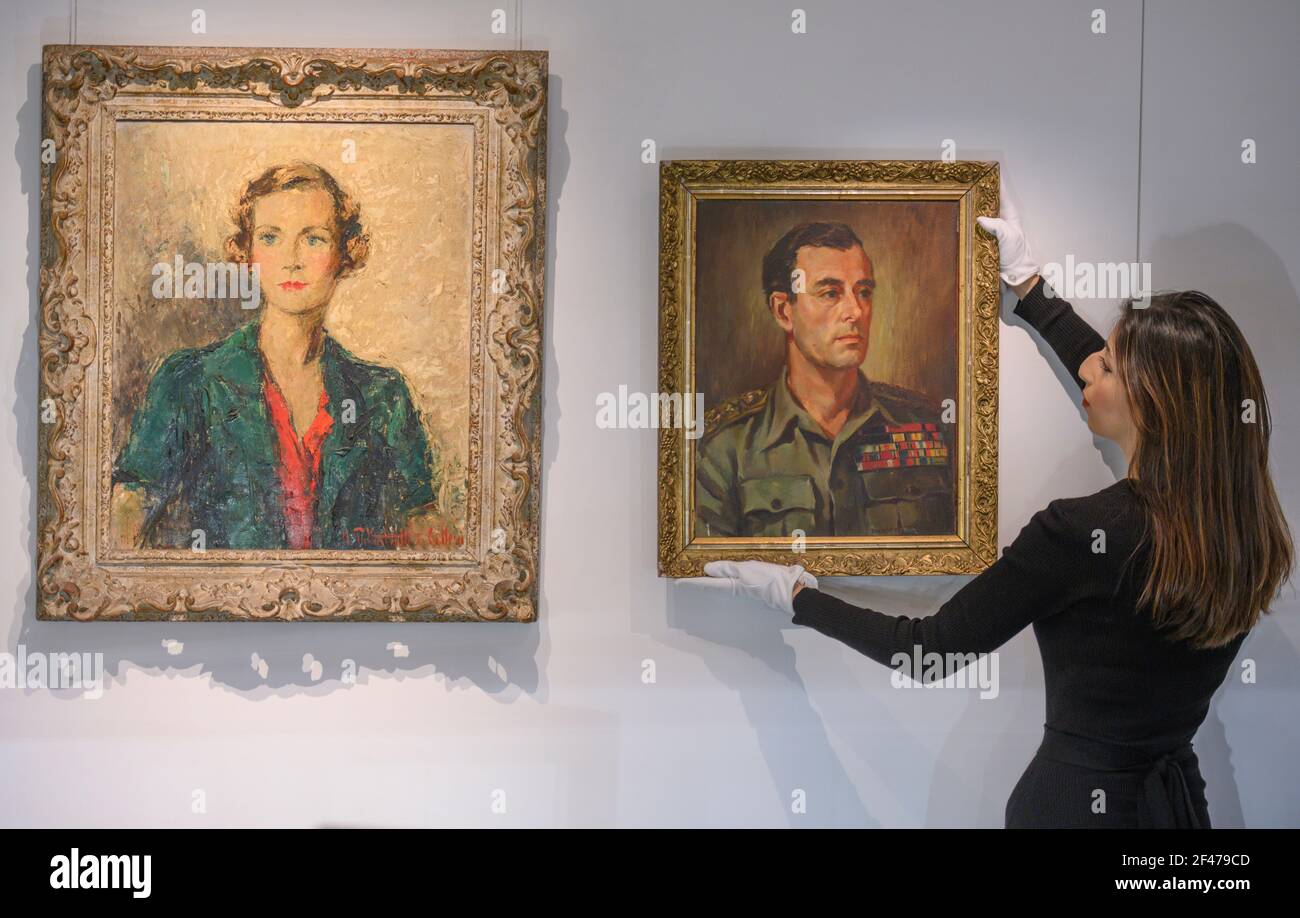 Sotheby’s, Londra, Regno Unito. 19 marzo 2021. La Collezione di Famiglia della tarda Contessa Mountbatten di Birmania, pronipote della Regina Vittoria, sarà offerta a Londra di Sotheby il 24 marzo e comprende gioielli, mobili, dipinti, sculture, libri, Argento, ceramica e oggetti d’Arte Immagine (a sinistra): Conte Uberto Pallastrelli di Celleri, Ritratto di Edwina, Contessa Mountbatten di Birmania (1901-1960), stima £500-700; (a destra): Dwight V. Stork, Ritratto del Signore Luigi, Conte Mountbatten di Birmania (1900-1979), stima £500-1,000. Credit: Malcolm Park/Alamy Live News. Foto Stock