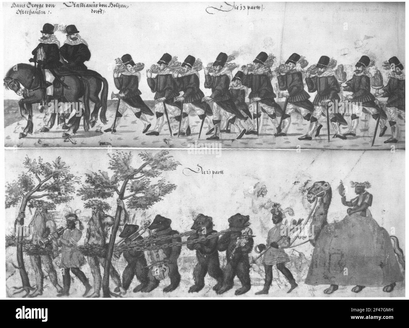 Brettschneider, Daniel d. Ä.: Up: Bergmannsgruppe con H. G. di Osterhausen e S. di Holtzendorf come leader a cavallo. Sotto: Uomini selvaggi, Gruppo di Orso Musicous e Guida Dromedar. Foglio 45, 13 e 23. Parte. Da: Christiani Hertzogens e Charbursten Zue Sagens Ringk, gara di S. Churf. G. a Dero, figlia giovane, Frein Dorothenn, Freelous Throuffe Zue Dressen Fall Schloshoff si è tenuta il 26.27 e 29. Gennaio, anno 1591. Dresda: Slub MSCR. J.9 Foto Stock