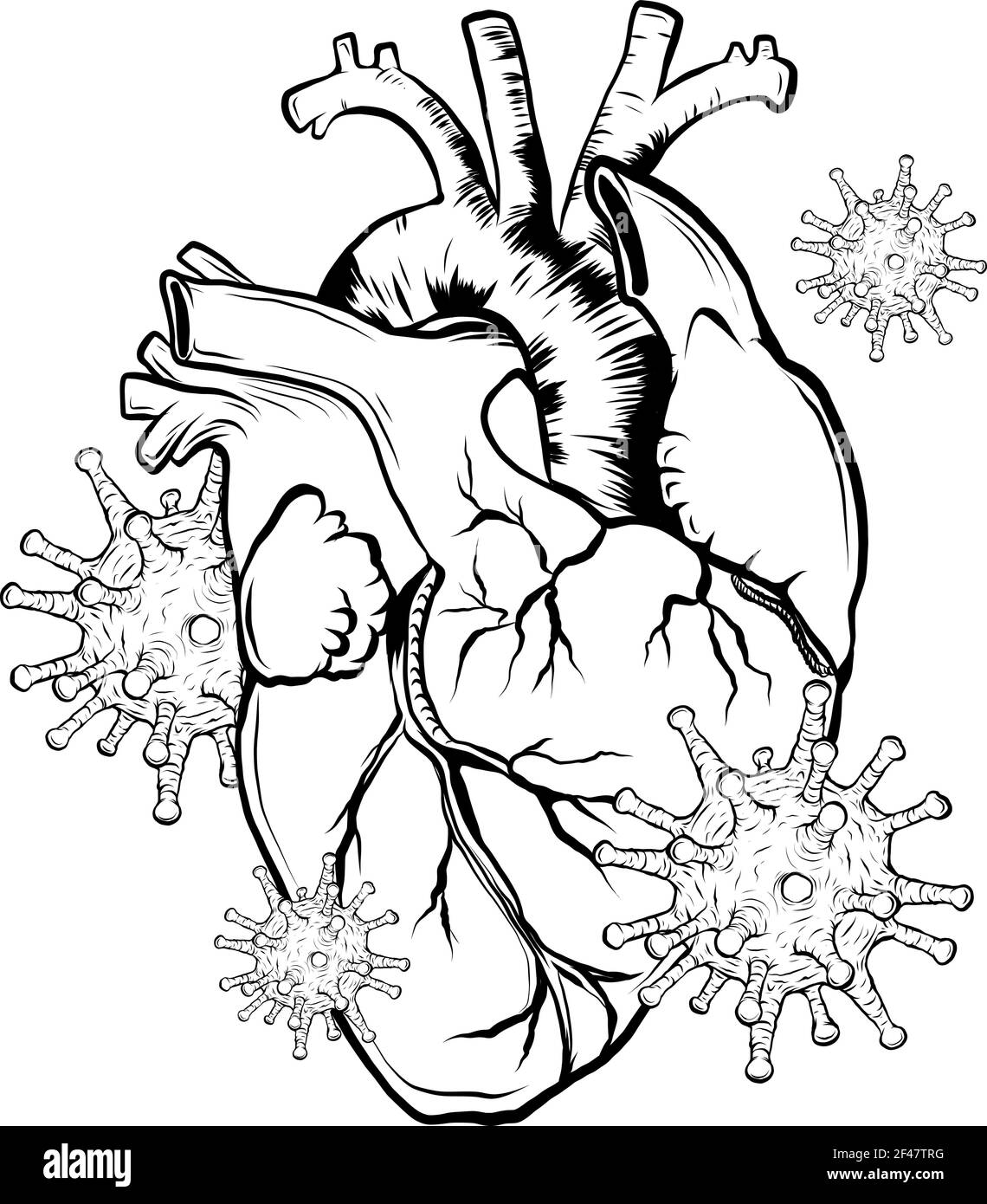 disegnare in bianco e nero di virus infettare un essere umano illustrazione del vettore cardiaco Illustrazione Vettoriale