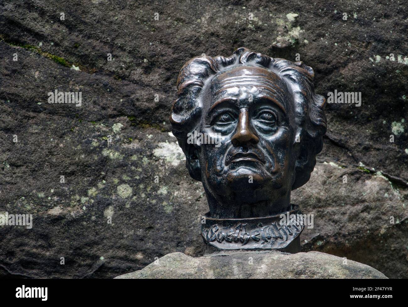 Un busto di bronzo dello scrittore tedesco Johann Wolfgang Goethe, Città rupestre di Adrspach, Repubblica Ceca, Europa Foto Stock