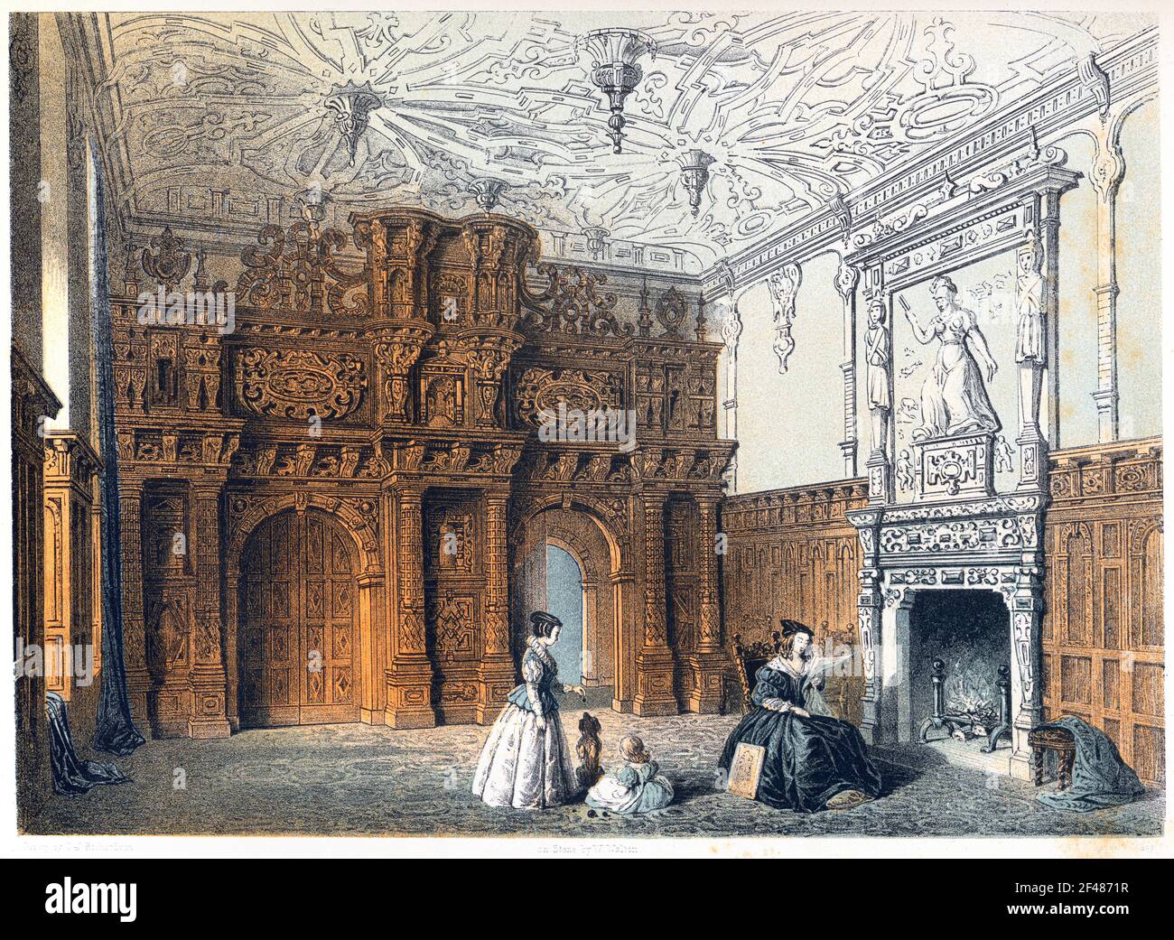 Lithotint di Crewe Hall, Cheshire scannerizzato ad alta risoluzione da un libro stampato nel 1858. Si ritiene che questa immagine sia priva di tutti i diritti d'autore storici. Foto Stock