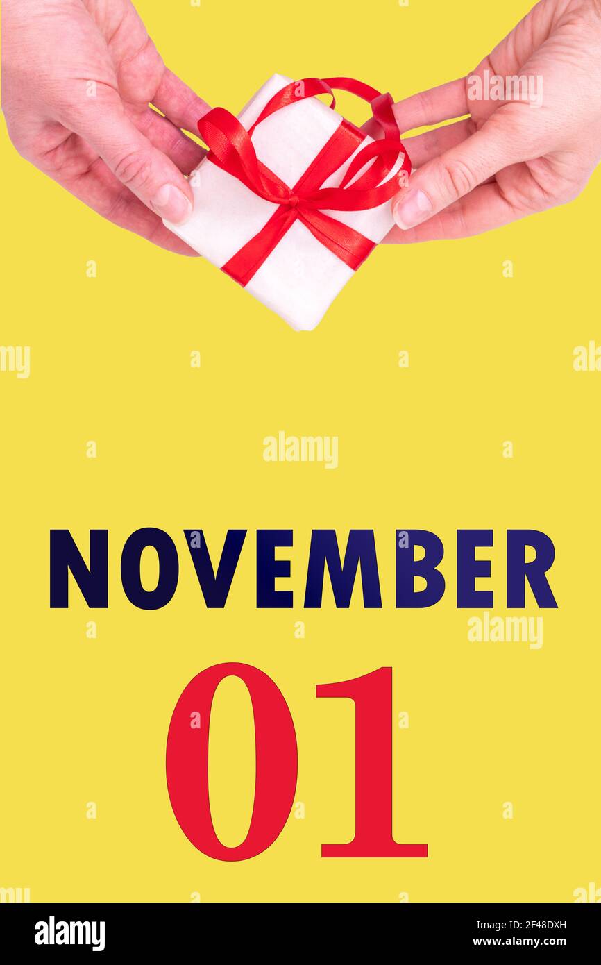 1 novembre. Calendario verticale festivo con Hands Holding White confezione regalo con nastro rosso e calendario Data 1 novembre su illuminante Backgrou giallo Foto Stock