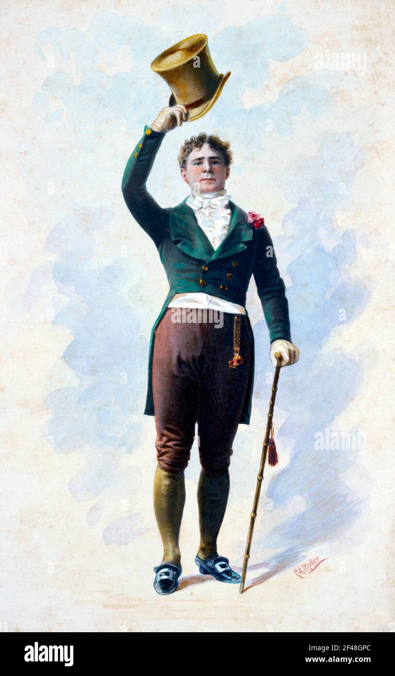 Beau Brummell. Ritratto dell'attore americano del 19 ° secolo, Richard Mansfield, nel ruolo del dandy reggenza, George Bryan 'Beau' Brummell (1778-1840), acquerello di C A Muller, c. 1891 Foto Stock