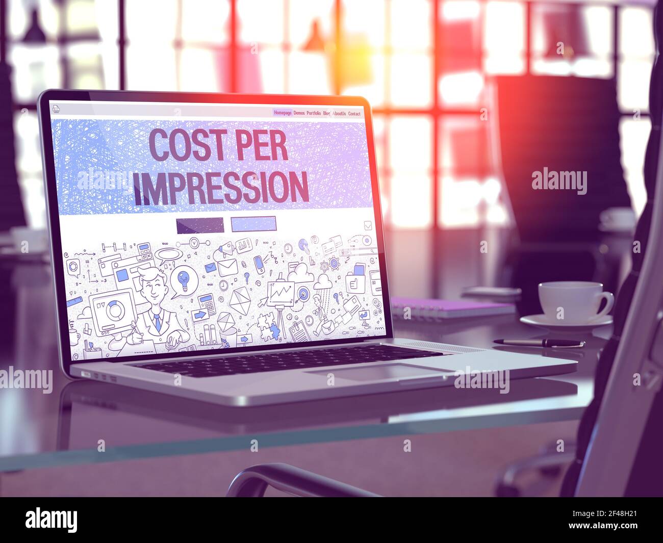 Costo per impressione Concept Closeup sulla landing page dello schermo del notebook in Modern Office Workplace. Immagine tonata con messa a fuoco selettiva. Rendering 3D. Foto Stock