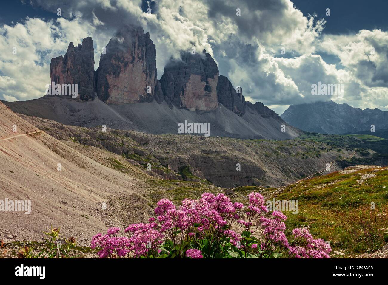 Le tre cime di Lavaredo durante l'estate nel Dolomiti Bellunesi Foto Stock