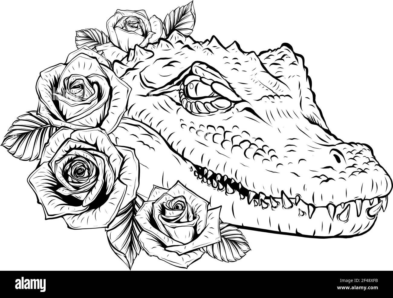 Disegnare in bianco e nero di Vector illustrazione del coccodrillo testa con rose Illustrazione Vettoriale