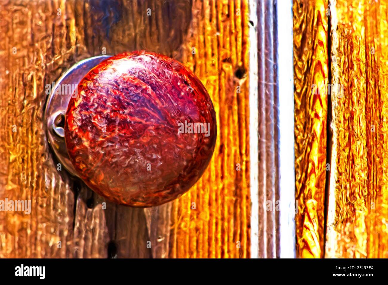 Si tratta di un dipinto digitale a olio, da una foto ravvicinata, di una grande vecchia manopola di una porta su una porta presso la città fantasma mineraria del Bodie state Historic Park in California Foto Stock