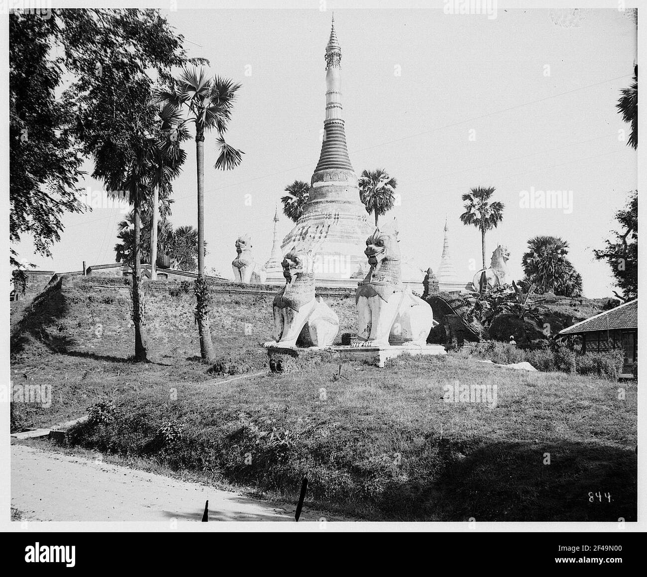 Rangonn, Birmania. Statue di leoni e Pagoda di Shwedagon Foto Stock