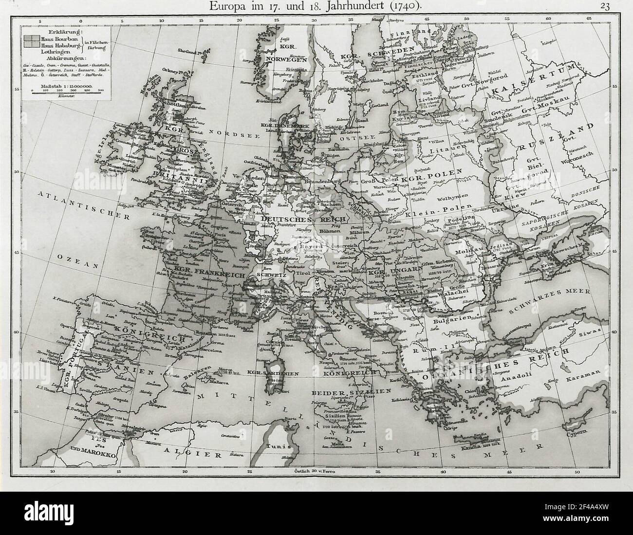 L'Europa nel XVII e XVIII secolo (1740). Scala 1: 15000000. Mappa 23 da: Atlante della F. W. Putzgers Historical School: Alla storia vecchia, media e nuova. A cura di Alfred Baldamus e Ernst Schwabe. Stampa multicolore. Bielefeld e Lipsia: Velhagen & Klaasing, 1904 (28a edizione) Foto Stock