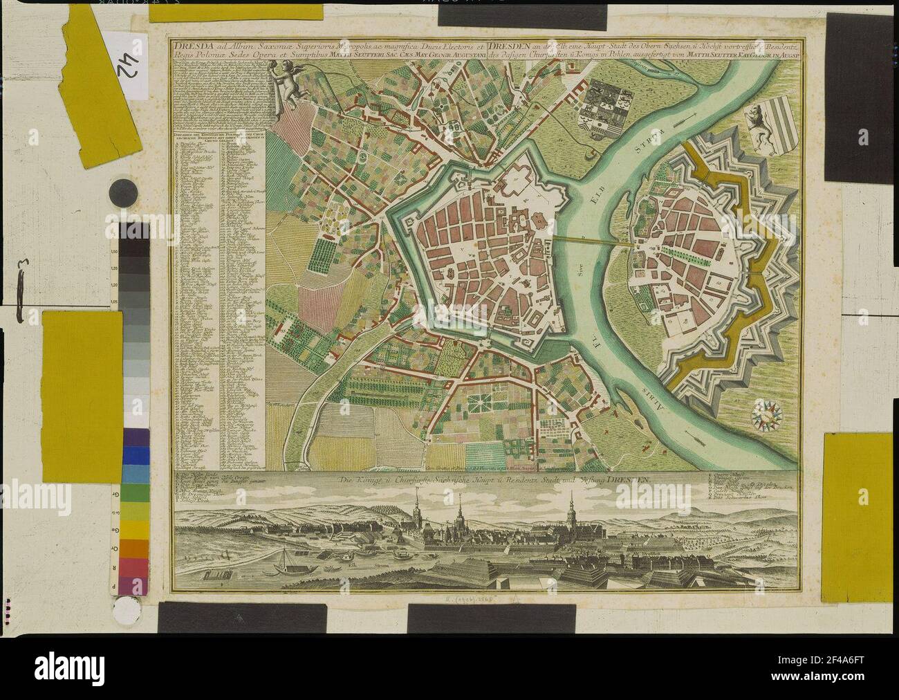 Seutter, Matthel: Dresda ad Albim, ... Dresda sull'Elb, una città principale della Sassonia dell'Oberrn, u. Ottima residenza del Churfürsten u. Re in Polonia, intorno al 1755, circa 1: 6 000 , Augsp (URG) intorno al 1755. 55 x 46 cm (incisione rame, col.) Dresda ad Albim, ... Dresda sull'Elb, la città principale della Sassonia dell'Oberrn, 1: 6 000, incisione in rame, 1755 Foto Stock