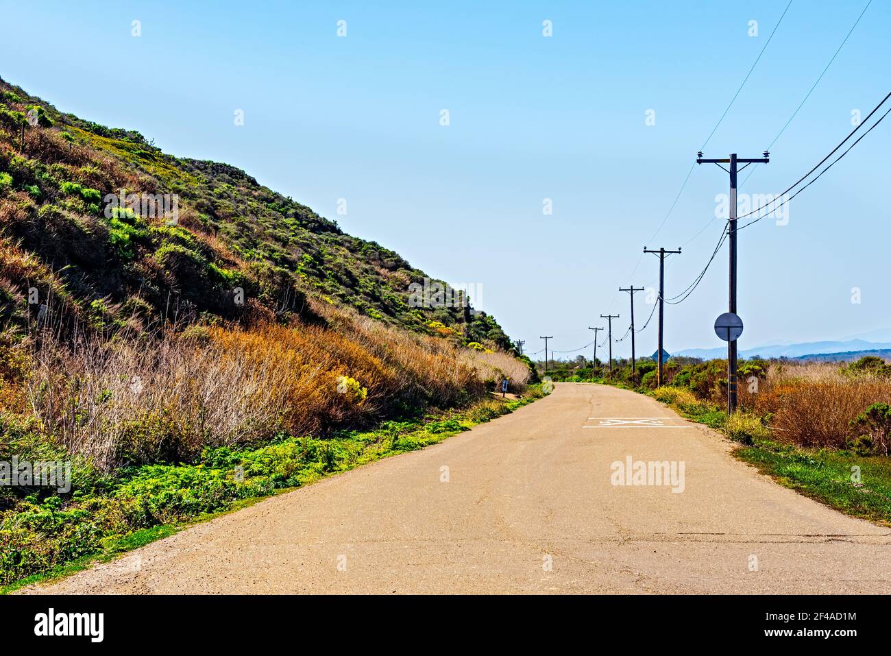 Linee stradali asfaltate con pali telefonici e linee elettriche sotto il cielo blu. Foto Stock