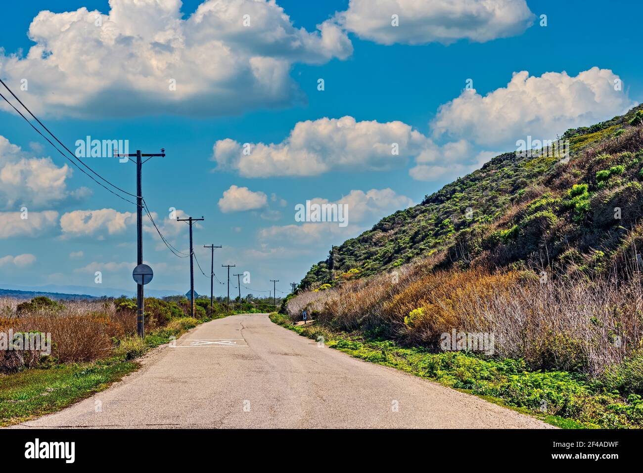 Tranquilla strada di campagna fiancheggiata da pali telefonici, curva dolcemente intorno a verde collina sotto cielo blu con bianche nuvole soffici. Foto Stock