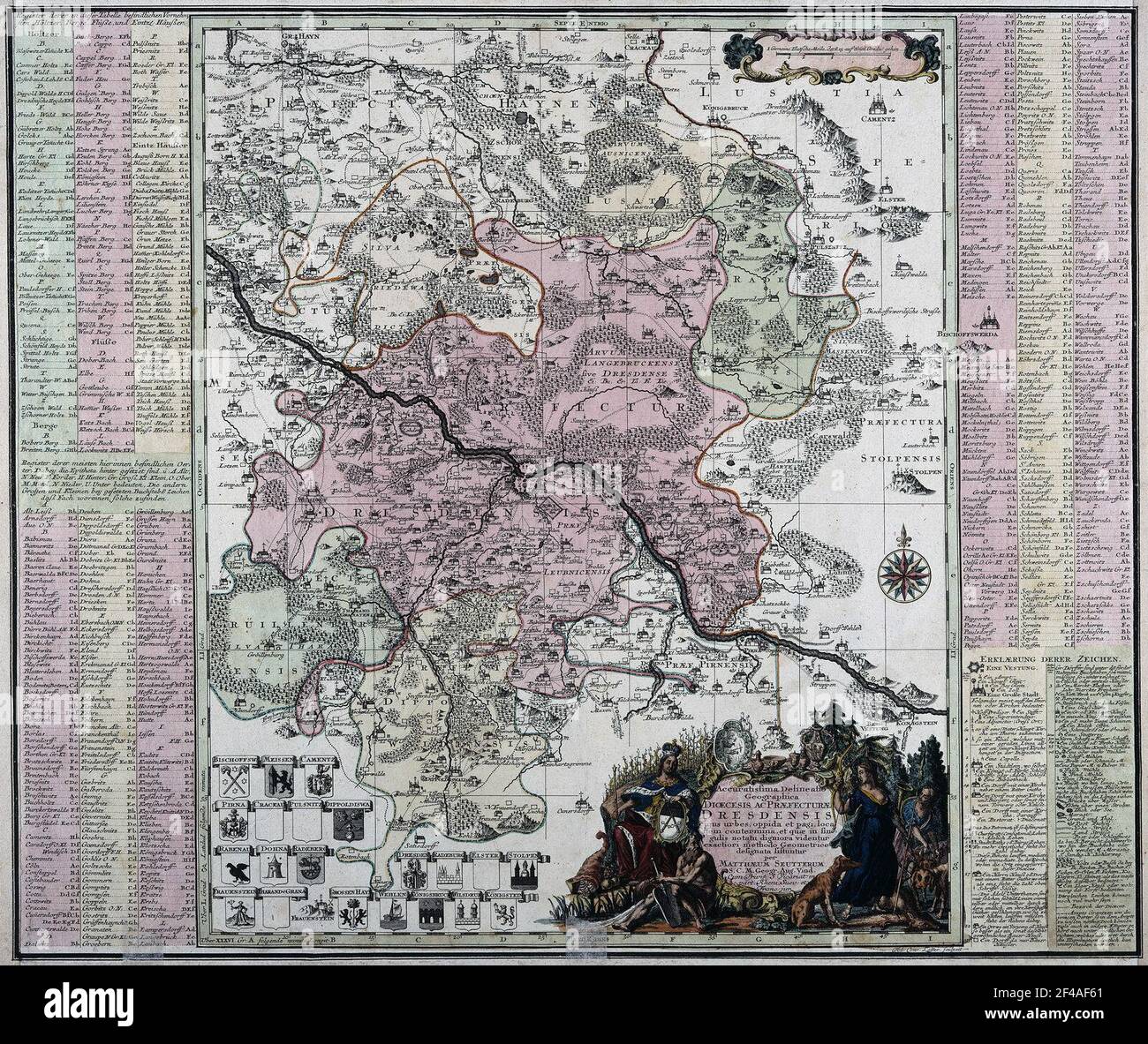 Seost, Matthaeus: Diocesi u. Ufficio di Dresda, circa 1757, circa 1: 110 000. Disegnatore: (Adam Friedrich Zürner) 38.6 x 47.1 cm (incisione rame, col.) Diocesi u. Ufficio Dresda, 1: 110 000, incisione in rame, 1757 Foto Stock