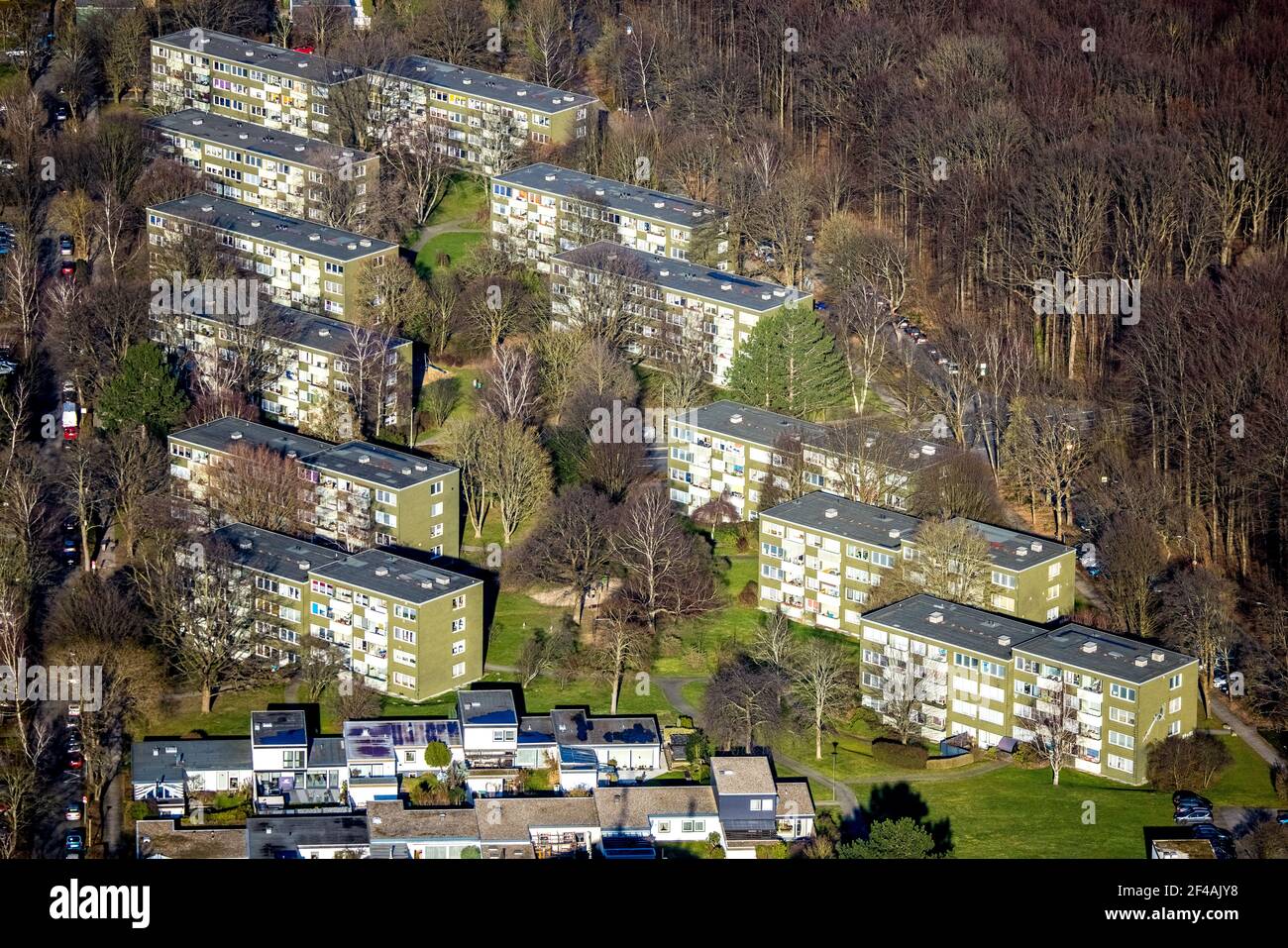 Vista aerea, case plurifamiliari zona residenziale Lassallestraße e Buschstraße, Boele, Hagen, zona Ruhr, Nord Reno-Westfalia, Germania, DE, Europa Foto Stock