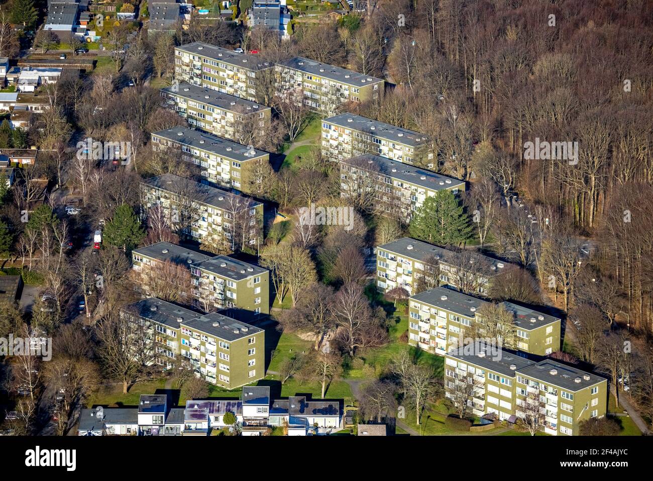 Vista aerea, case plurifamiliari zona residenziale Lassallestraße e Buschstraße, Boele, Hagen, zona Ruhr, Nord Reno-Westfalia, Germania, DE, Europa Foto Stock