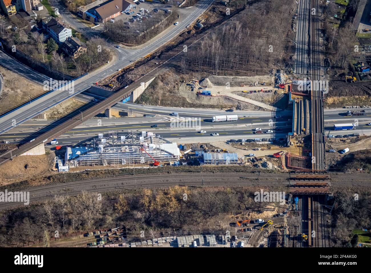 Vista aerea, cantiere costruzione ponte al raccordo autostradale Herne, ponte ferroviario, ponte ad arco, ponte ad arco in acciaio, Herne-Mitte, Herne, Ruh Foto Stock